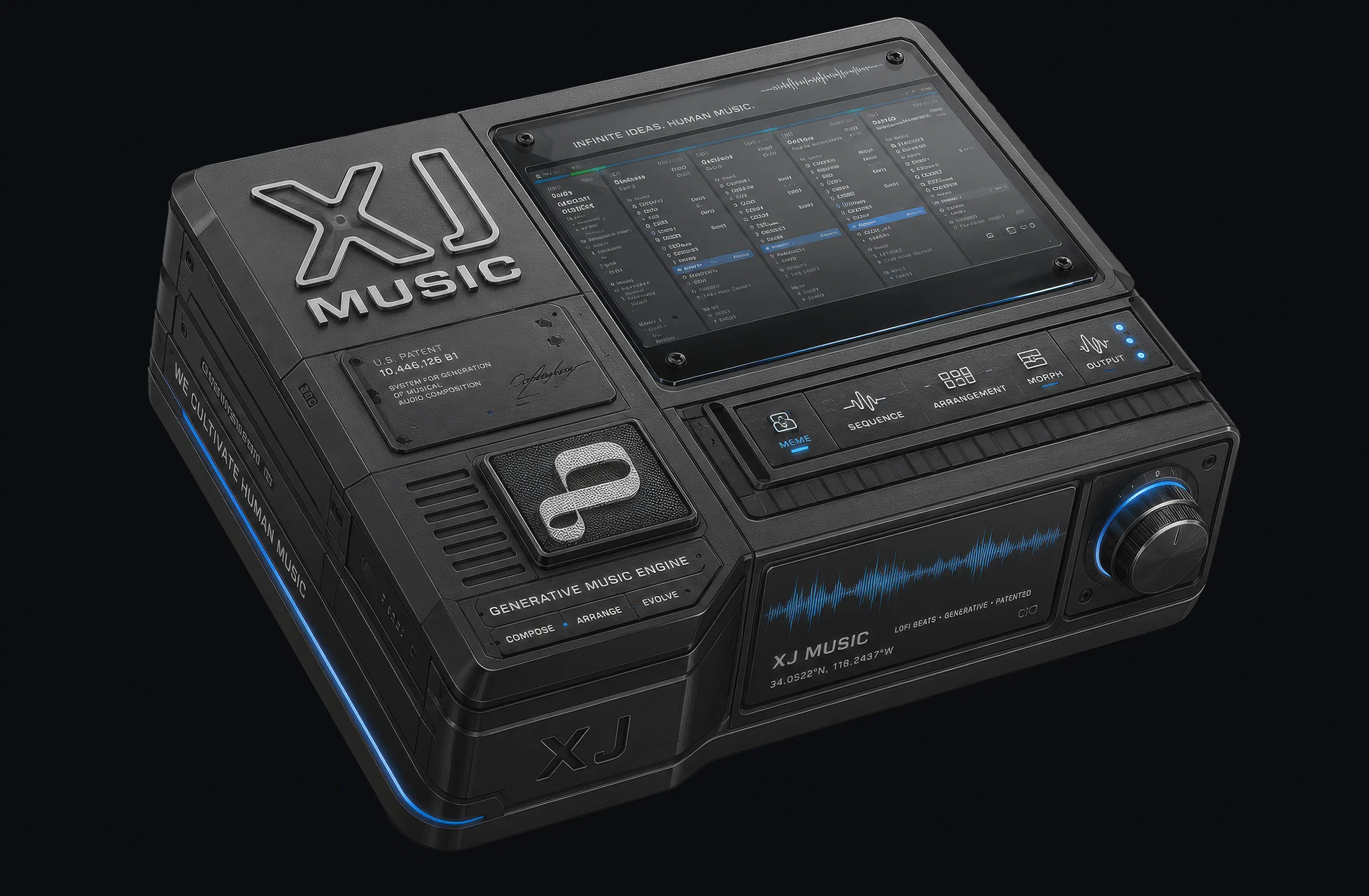 The XJ generative music engine — a patented machine that composes, arranges, and evolves continuous human music